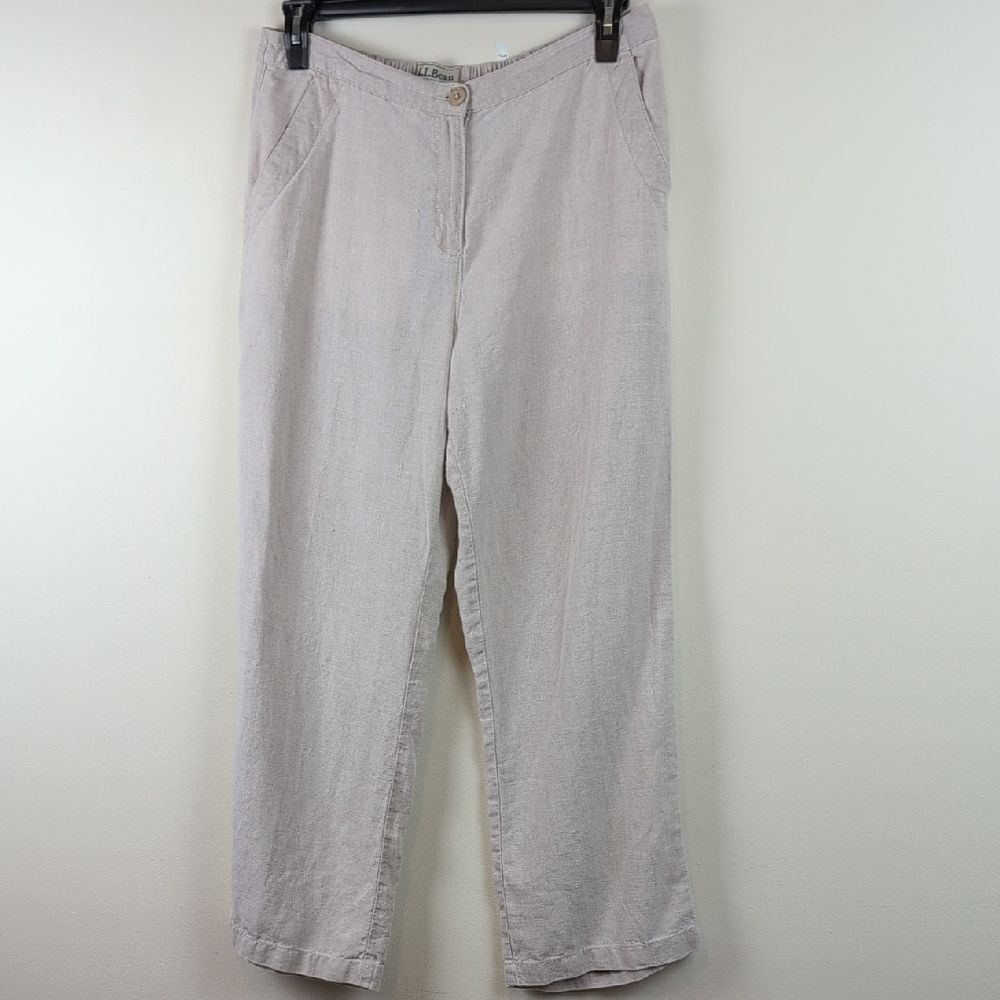 L. L. Bean Linen Classic Fit Khaki Straight Leg Pants Size 14P Summer Preppy